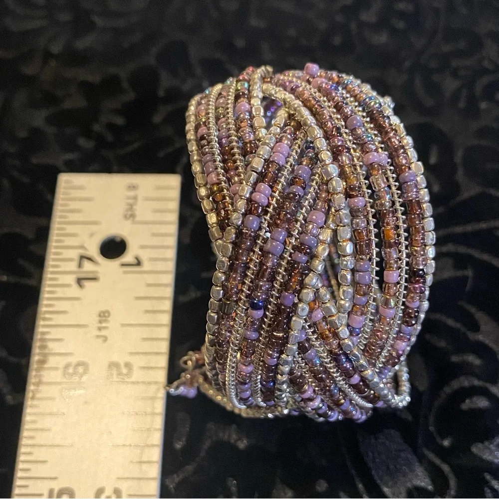 Beaded cuff bracelet lilac/bronze/pewter glass seed beads, 1 1/2”wide,2” across - Picture 4 of 5
